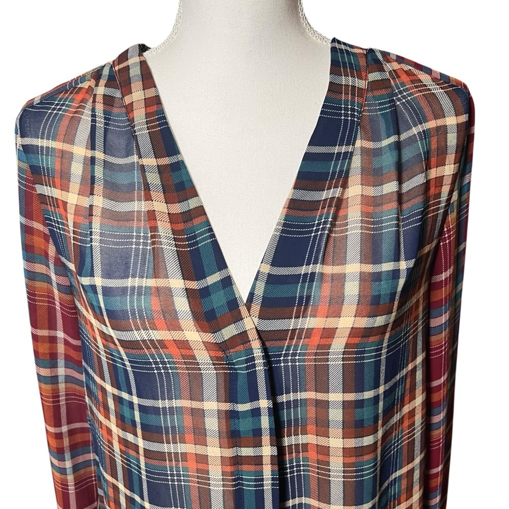 Anthropologie Maeve Sheer Plaid Printed Long Sleeve Blouse V-neck Size Small EUC - Picture 11 of 15